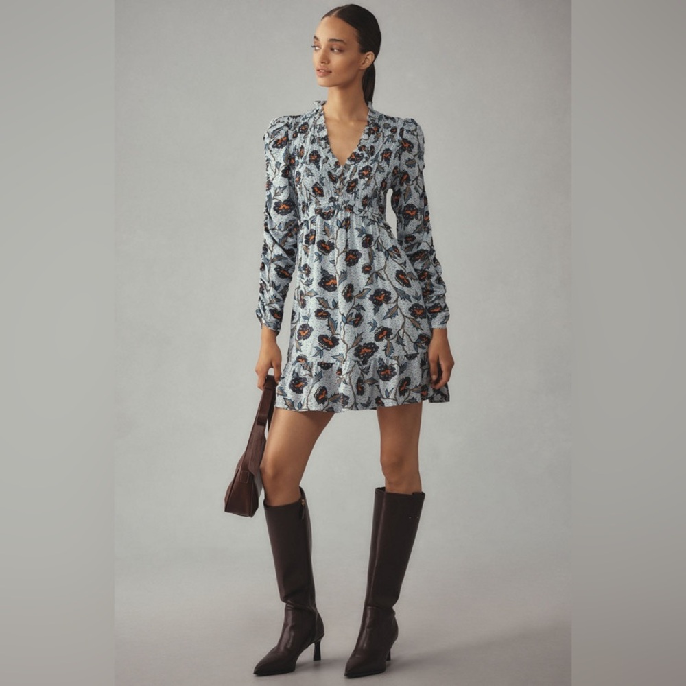 NWT By Anthropologie Long-Sleeve V-Neck Ruffle Mini Dress